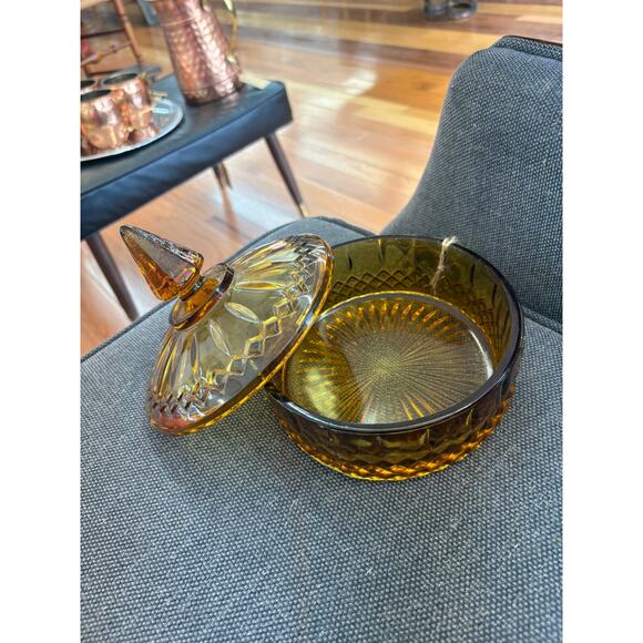 Vintage Indiana Glass Amber Gold Diamond Princess Covered Candy Dish w/ Lid - Picture 5 of 7